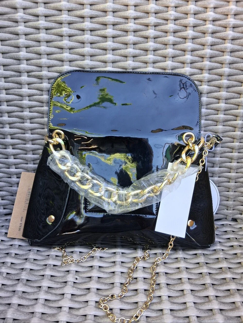 Steve Madden Black Patent Shoulder Bag with Gold Chain Accent